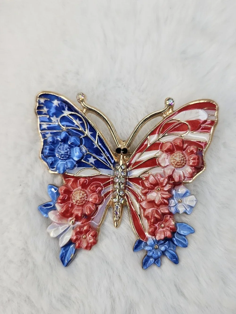 Patriotic Butterfly Brooch with Enamel Flowers